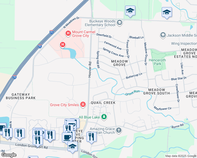 map of restaurants, bars, coffee shops, grocery stores, and more near 2402 Clover Blossom Court in Grove City