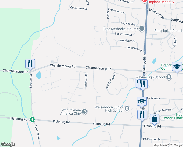 map of restaurants, bars, coffee shops, grocery stores, and more near 4775 Belmont Place in Dayton
