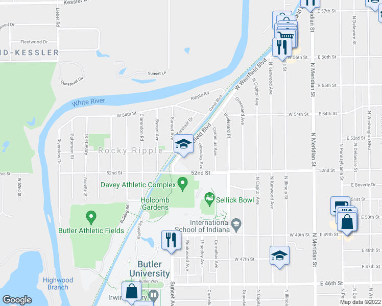 map of restaurants, bars, coffee shops, grocery stores, and more near 551 West Westfield Boulevard in Indianapolis