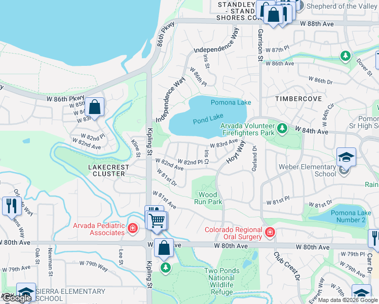 map of restaurants, bars, coffee shops, grocery stores, and more near 8258 Jellison Court in Arvada