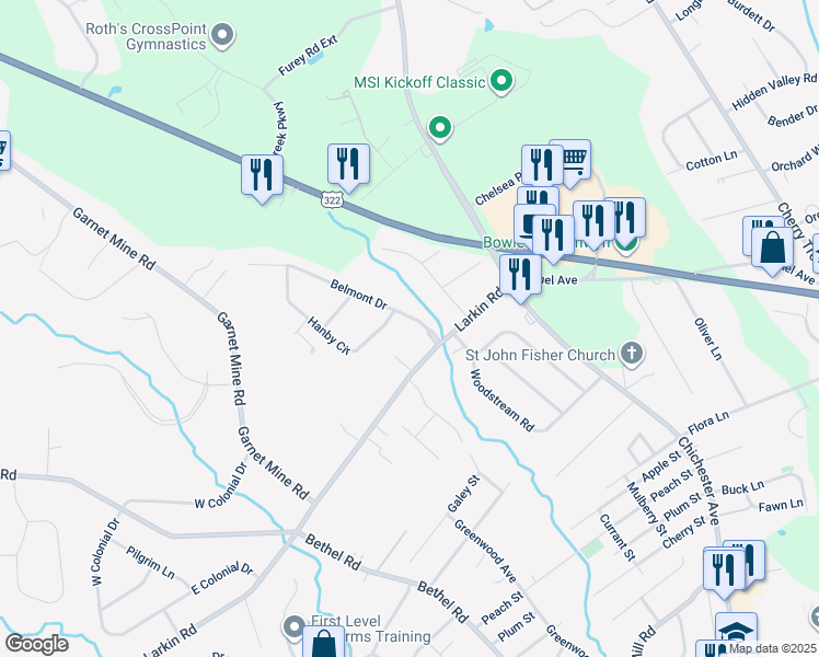 map of restaurants, bars, coffee shops, grocery stores, and more near 107 Belmont Drive in Boothwyn
