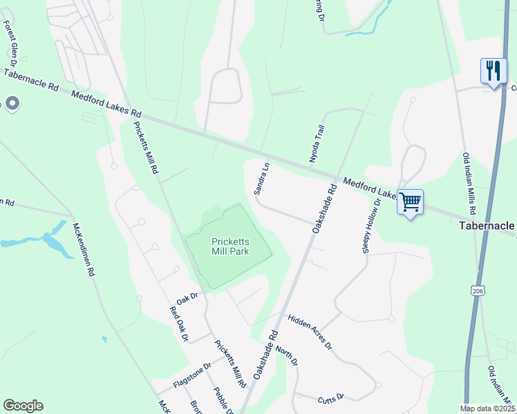map of restaurants, bars, coffee shops, grocery stores, and more near 13 Sandra Lane in Tabernacle