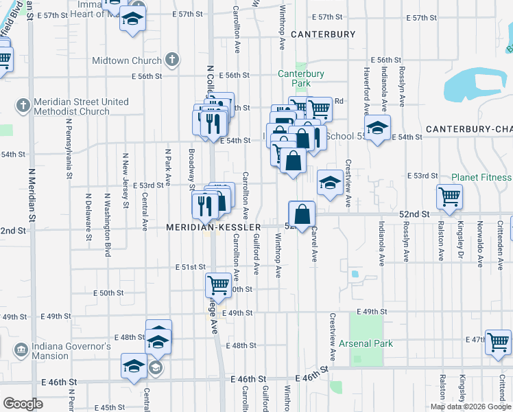 map of restaurants, bars, coffee shops, grocery stores, and more near 5225 Carrollton Avenue in Indianapolis