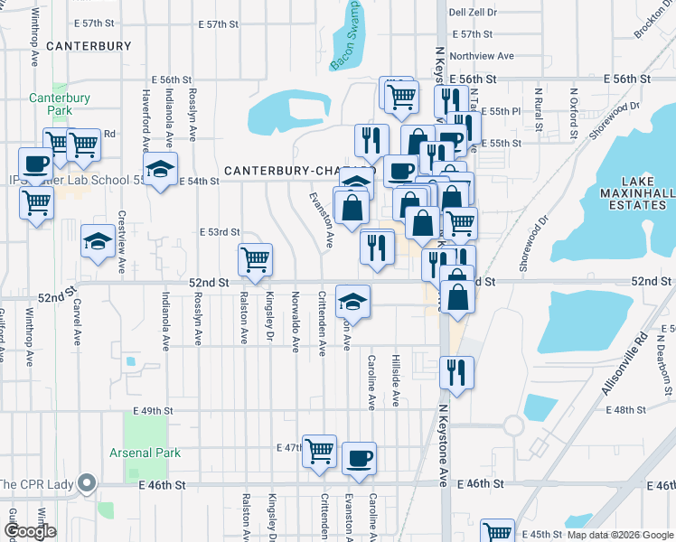 map of restaurants, bars, coffee shops, grocery stores, and more near 1925 East 52nd Street in Indianapolis