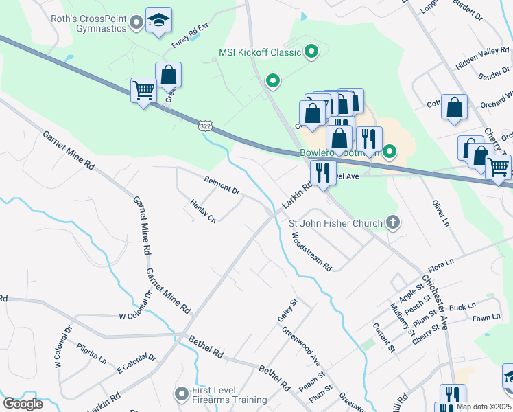 map of restaurants, bars, coffee shops, grocery stores, and more near 107 Belmont Drive in Boothwyn