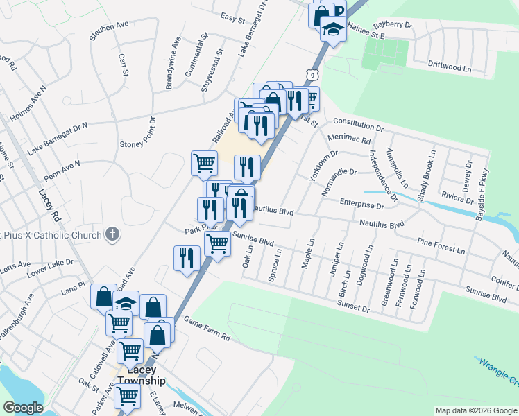 map of restaurants, bars, coffee shops, grocery stores, and more near 11 Tom Gray Court in Lacey Township
