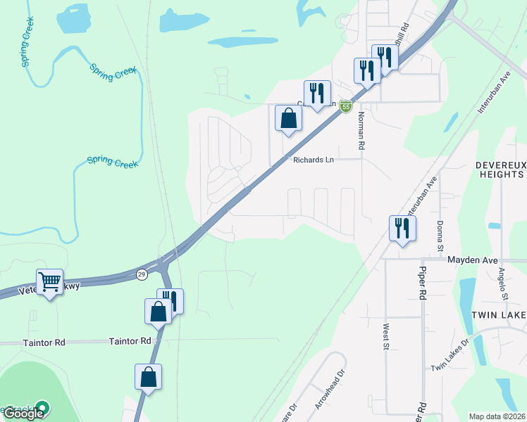map of restaurants, bars, coffee shops, grocery stores, and more near 3430 North Peoria Road in Springfield