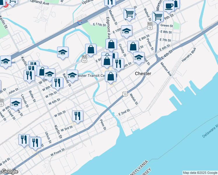 map of restaurants, bars, coffee shops, grocery stores, and more near 18 West 5th Street in Chester