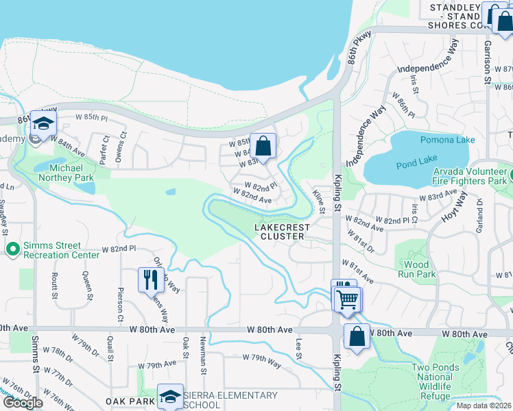 map of restaurants, bars, coffee shops, grocery stores, and more near 10456 West 82nd Avenue in Arvada