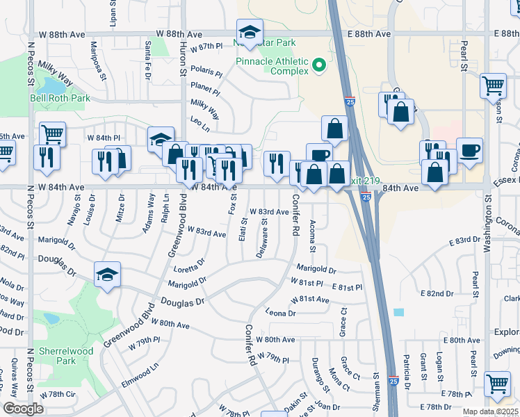 map of restaurants, bars, coffee shops, grocery stores, and more near 8298 Elati Street in Denver