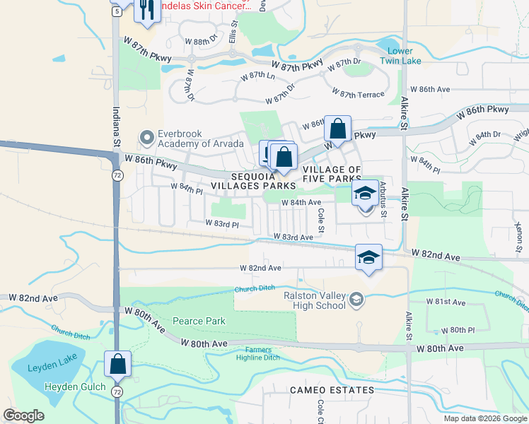 map of restaurants, bars, coffee shops, grocery stores, and more near 8356 Devinney Street in Arvada