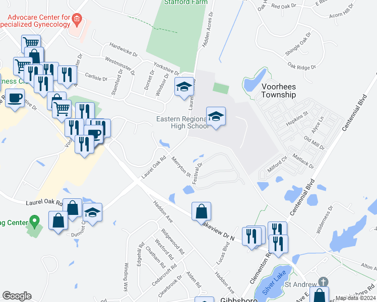 map of restaurants, bars, coffee shops, grocery stores, and more near 11 Festival Drive in Voorhees Township