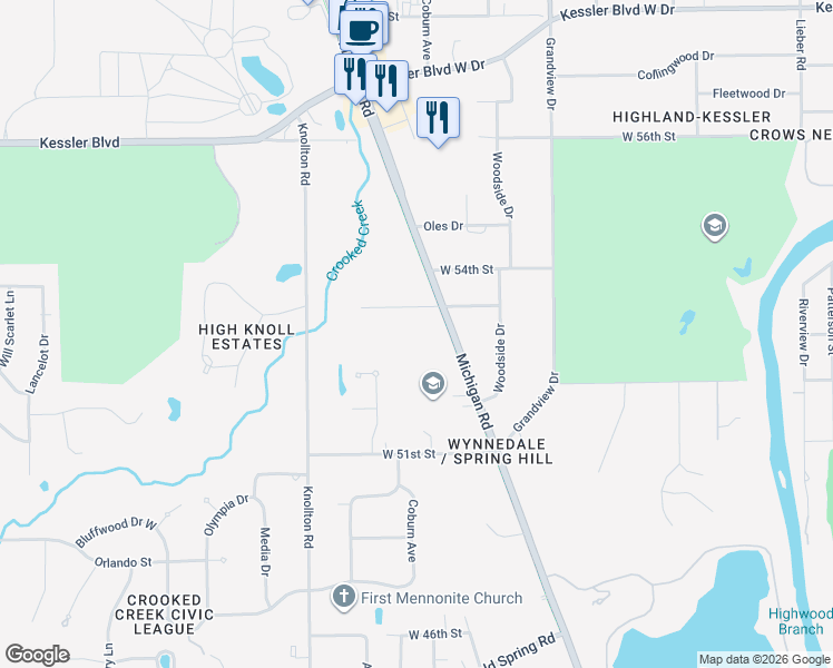 map of restaurants, bars, coffee shops, grocery stores, and more near 5260 Michigan Road in Indianapolis