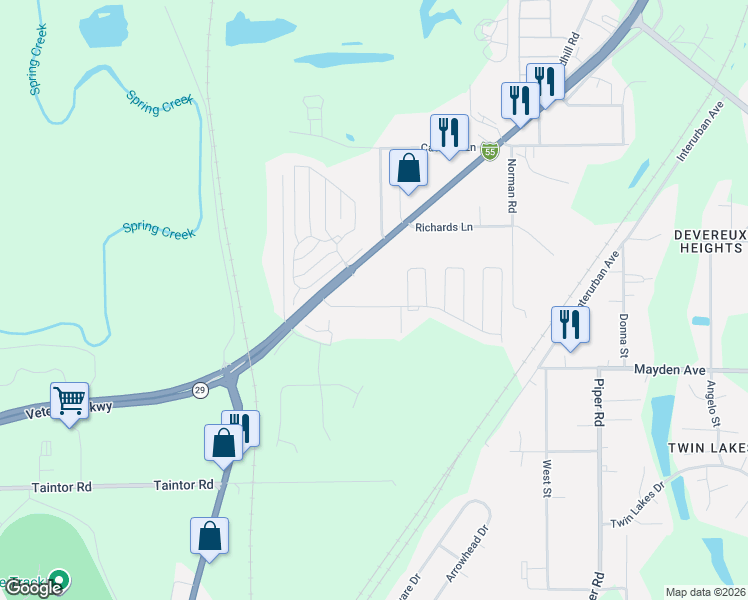 map of restaurants, bars, coffee shops, grocery stores, and more near 3430 North Peoria Road in Springfield