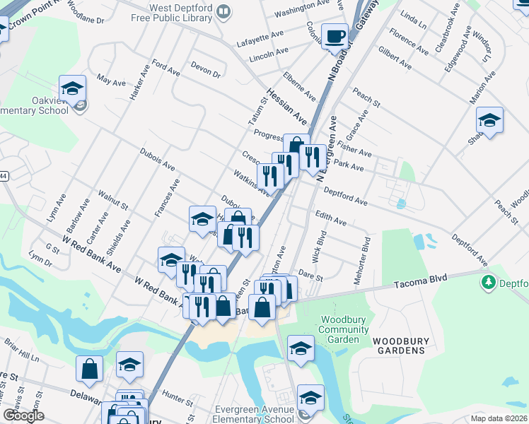 map of restaurants, bars, coffee shops, grocery stores, and more near 800 North Broad Street in Woodbury