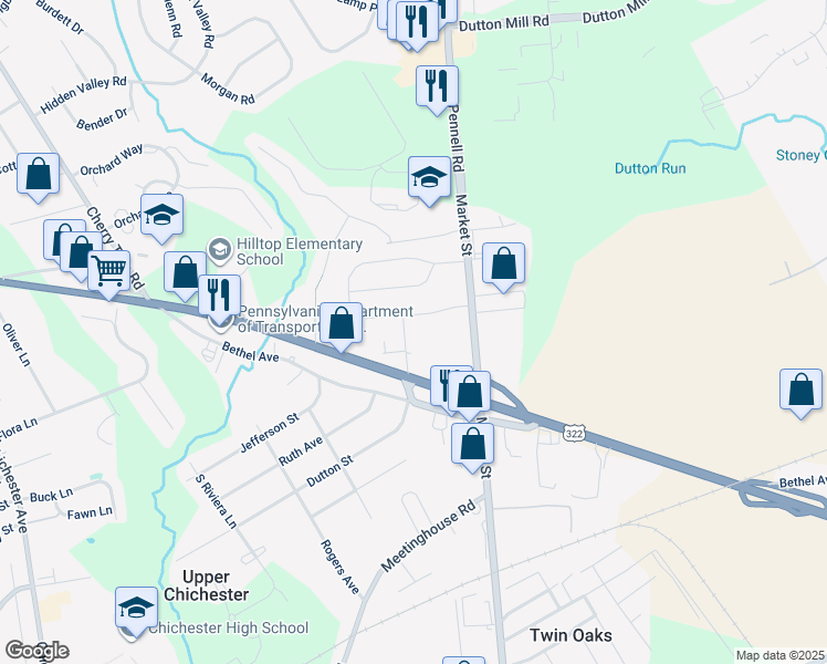map of restaurants, bars, coffee shops, grocery stores, and more near 405 Dutton Street in Delaware County