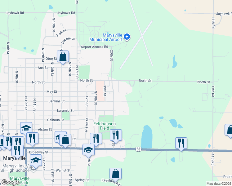 map of restaurants, bars, coffee shops, grocery stores, and more near 701 20th Street in Marysville