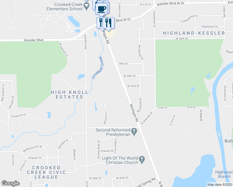 map of restaurants, bars, coffee shops, grocery stores, and more near 5260 Michigan Road in Indianapolis