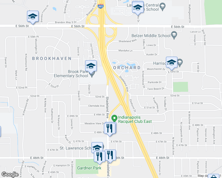 map of restaurants, bars, coffee shops, grocery stores, and more near 5215 Shadeland Avenue in Lawrence