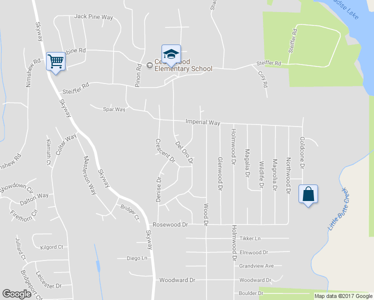 map of restaurants, bars, coffee shops, grocery stores, and more near 14830 Del Oro Drive in Magalia
