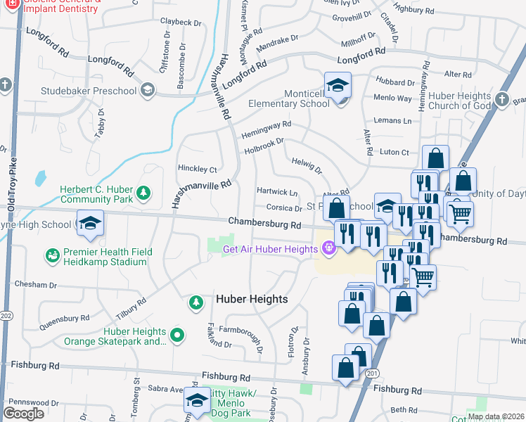 map of restaurants, bars, coffee shops, grocery stores, and more near 5908 Corsica Drive in Huber Heights