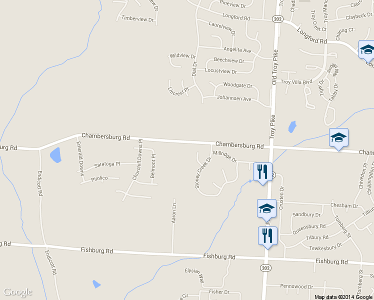 map of restaurants, bars, coffee shops, grocery stores, and more near 4820 Chambersburg Road in Dayton