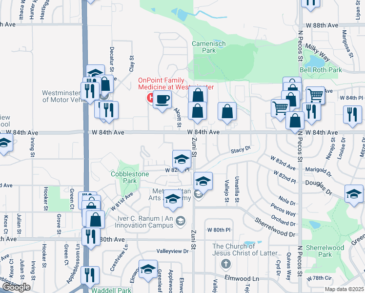 map of restaurants, bars, coffee shops, grocery stores, and more near 8300 Alcott Street in Westminster