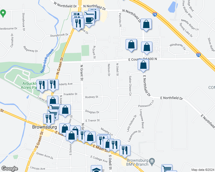 map of restaurants, bars, coffee shops, grocery stores, and more near 522 Nelson Drive in Brownsburg