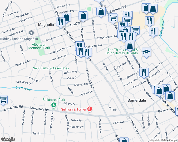 map of restaurants, bars, coffee shops, grocery stores, and more near 404 North Warwick Road in Somerdale