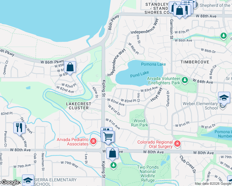 map of restaurants, bars, coffee shops, grocery stores, and more near 8257 Johnson Street in Arvada