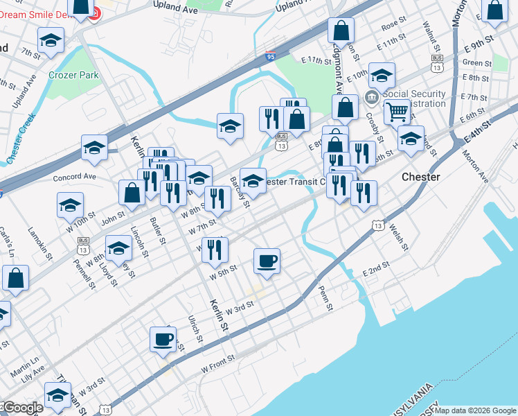 map of restaurants, bars, coffee shops, grocery stores, and more near 609 Barclay Street in Chester