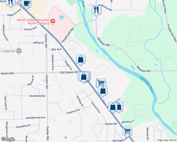 map of restaurants, bars, coffee shops, grocery stores, and more near 4539 River Ridge Road in Dayton
