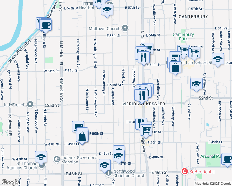 map of restaurants, bars, coffee shops, grocery stores, and more near 5225 Central Avenue in Indianapolis