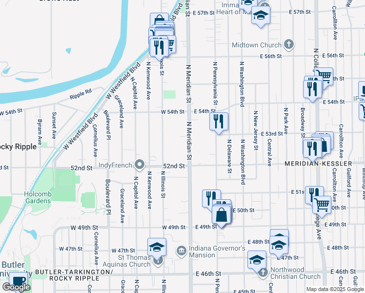 map of restaurants, bars, coffee shops, grocery stores, and more near in Indianapolis