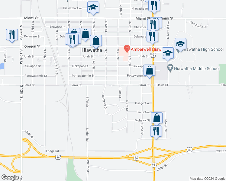 map of restaurants, bars, coffee shops, grocery stores, and more near 404 Minnehaha Street in Hiawatha