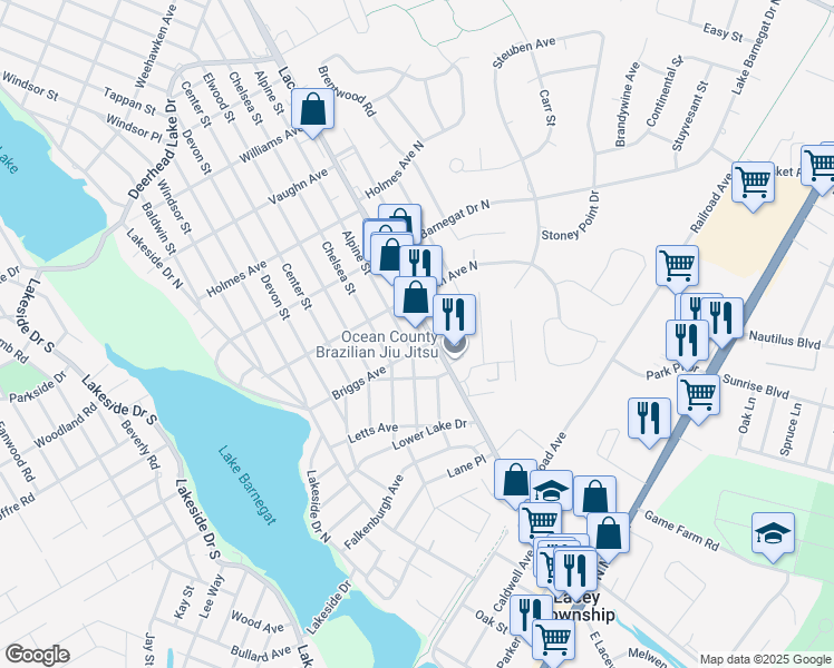 map of restaurants, bars, coffee shops, grocery stores, and more near 407 Lacey Road in Lacey Township