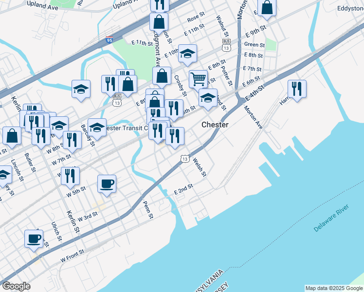 map of restaurants, bars, coffee shops, grocery stores, and more near 400 Welsh Street in Chester