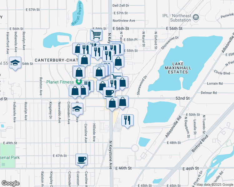 map of restaurants, bars, coffee shops, grocery stores, and more near 2450 East 52nd Street in Indianapolis