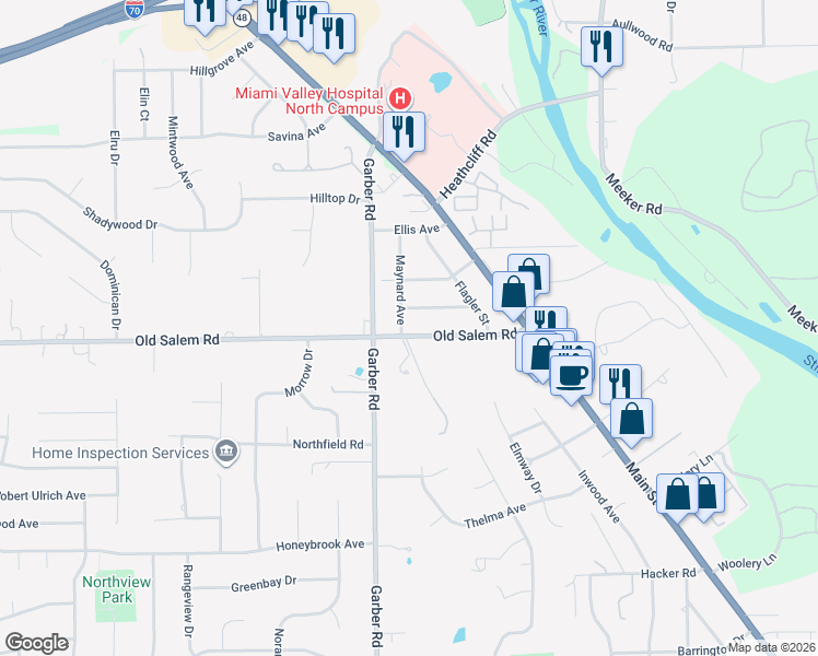 map of restaurants, bars, coffee shops, grocery stores, and more near 156 Old Salem Road in Dayton
