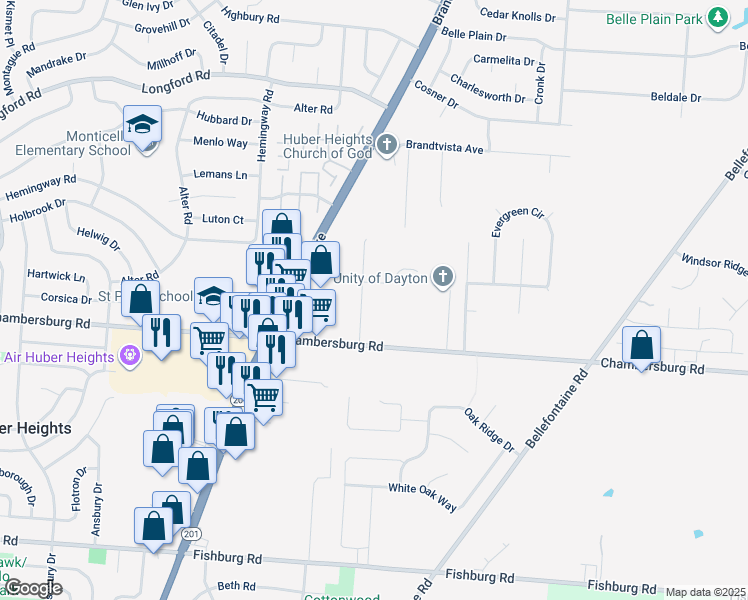 map of restaurants, bars, coffee shops, grocery stores, and more near 7690 Old Troy Pike in Huber Heights