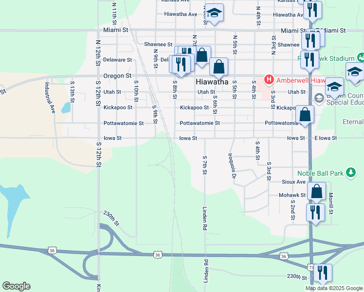 map of restaurants, bars, coffee shops, grocery stores, and more near 520 South 7th Street in Hiawatha