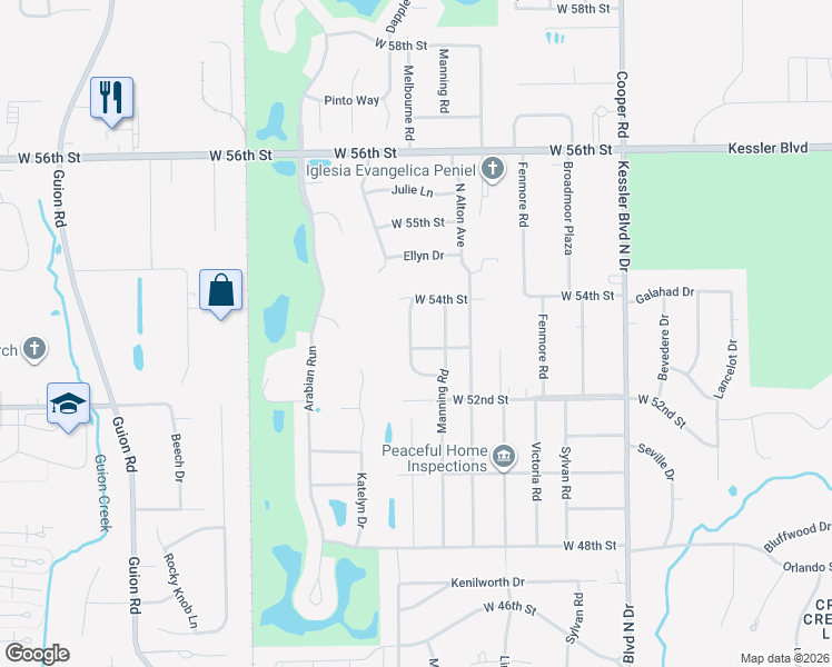 map of restaurants, bars, coffee shops, grocery stores, and more near 5317 Melbourne Road in Indianapolis