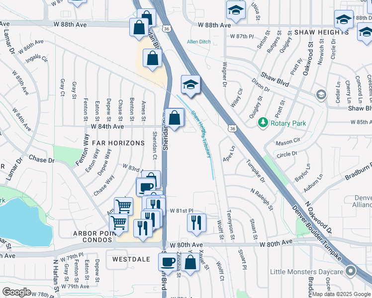map of restaurants, bars, coffee shops, grocery stores, and more near 8300 Sheridan Boulevard in Westminster