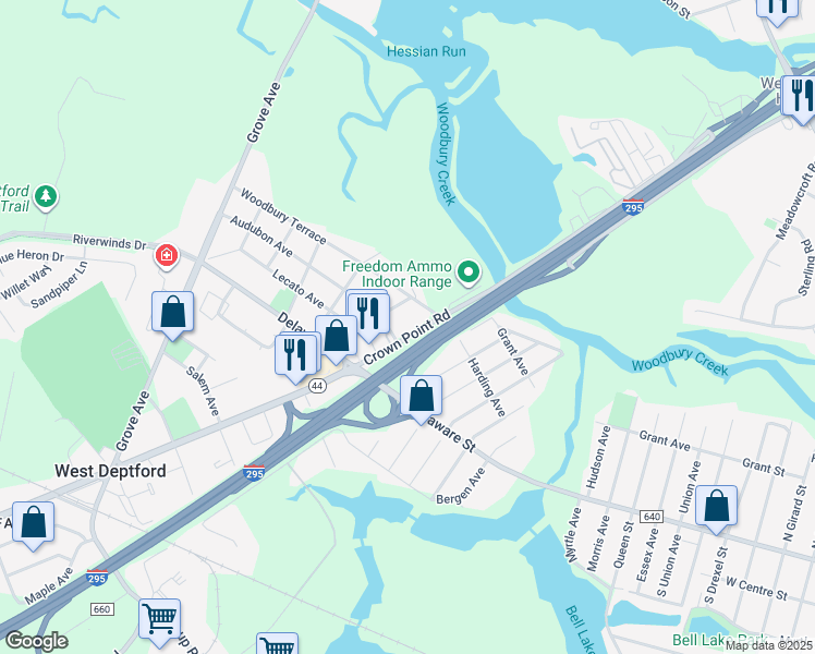 map of restaurants, bars, coffee shops, grocery stores, and more near 650 Crown Point Road in West Deptford