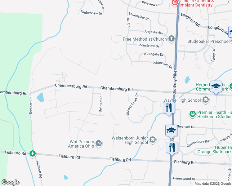 map of restaurants, bars, coffee shops, grocery stores, and more near 4820 Chambersburg Road in Dayton