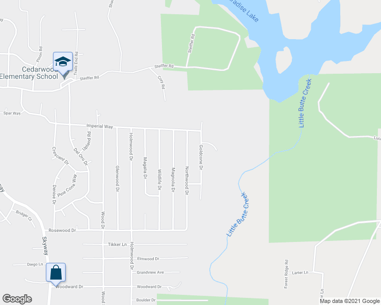 map of restaurants, bars, coffee shops, grocery stores, and more near 14834 Northwood Drive in Magalia
