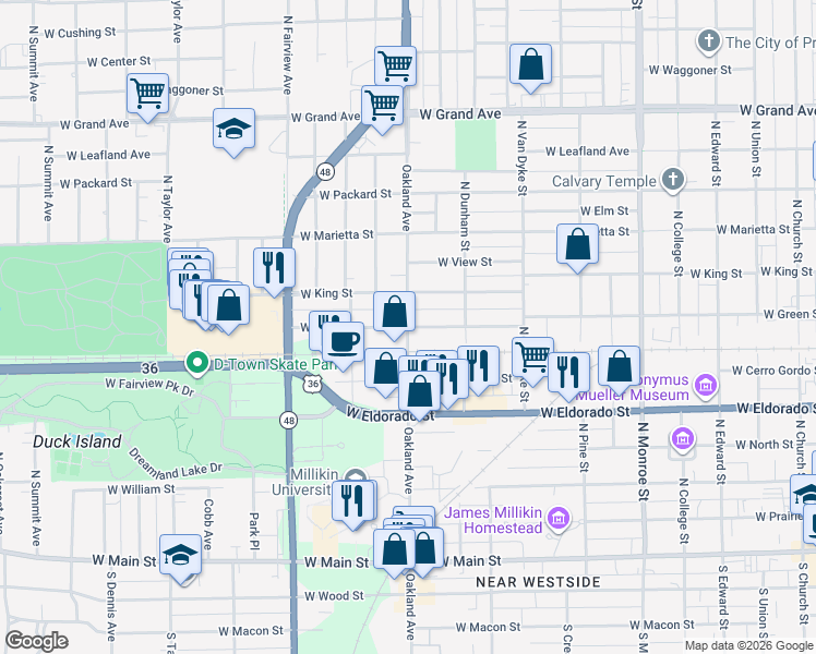 map of restaurants, bars, coffee shops, grocery stores, and more near 798 North Oakland Avenue in Decatur