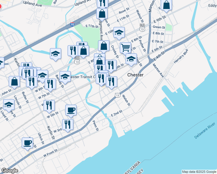 map of restaurants, bars, coffee shops, grocery stores, and more near 408 Avenue of the States in Chester