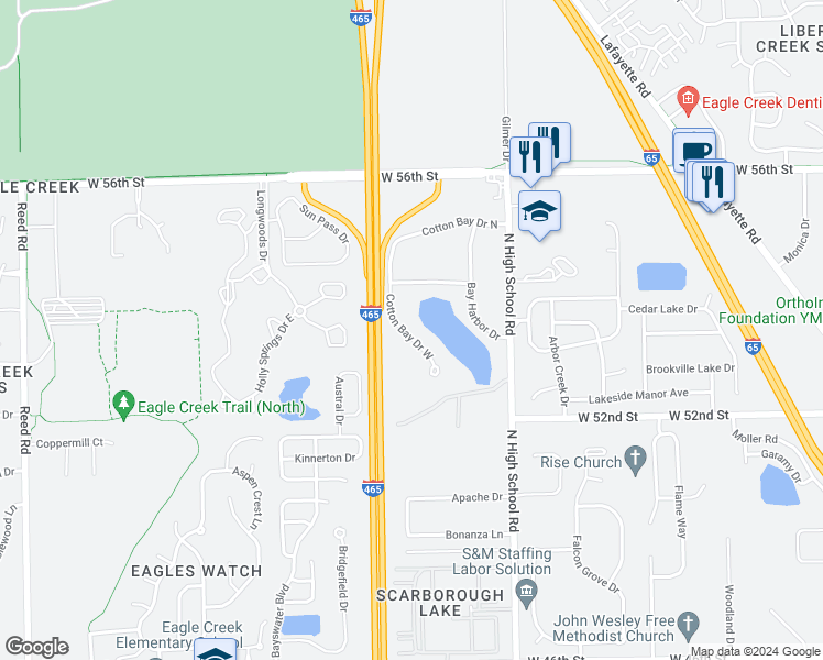 map of restaurants, bars, coffee shops, grocery stores, and more near 5341 Cotton Bay Drive West in Indianapolis