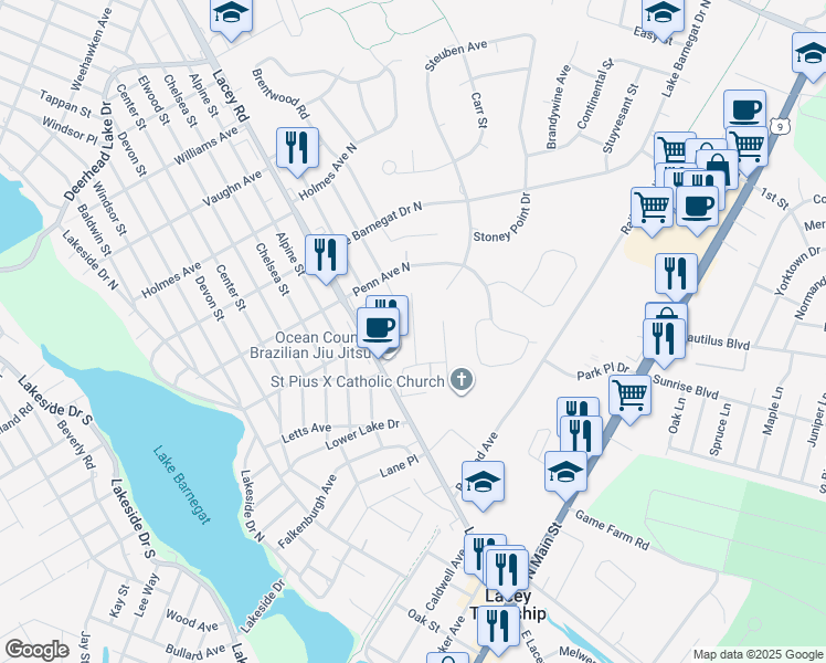 map of restaurants, bars, coffee shops, grocery stores, and more near 327 Eleanor Road in Lacey Township